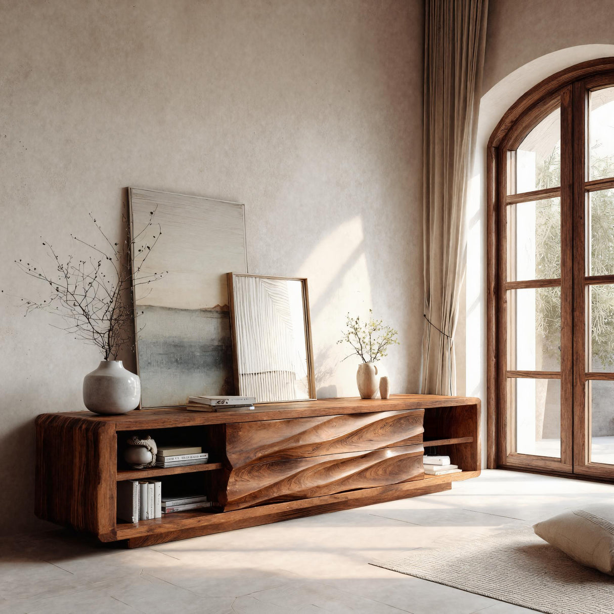 Quiet Luxury Low Sculpted Sideboard For Living Room
