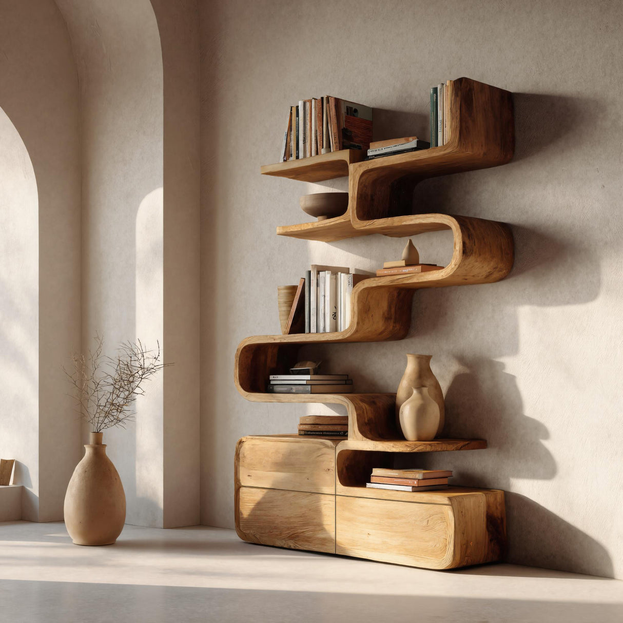 Scandinavian Sculptural Wooden Bookshelf For Living Room
