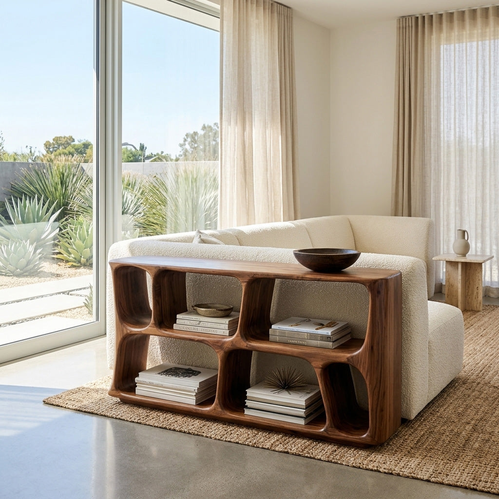 Minimalist Sculptural Wood Console Table For Living Room – ET Woodcrafts