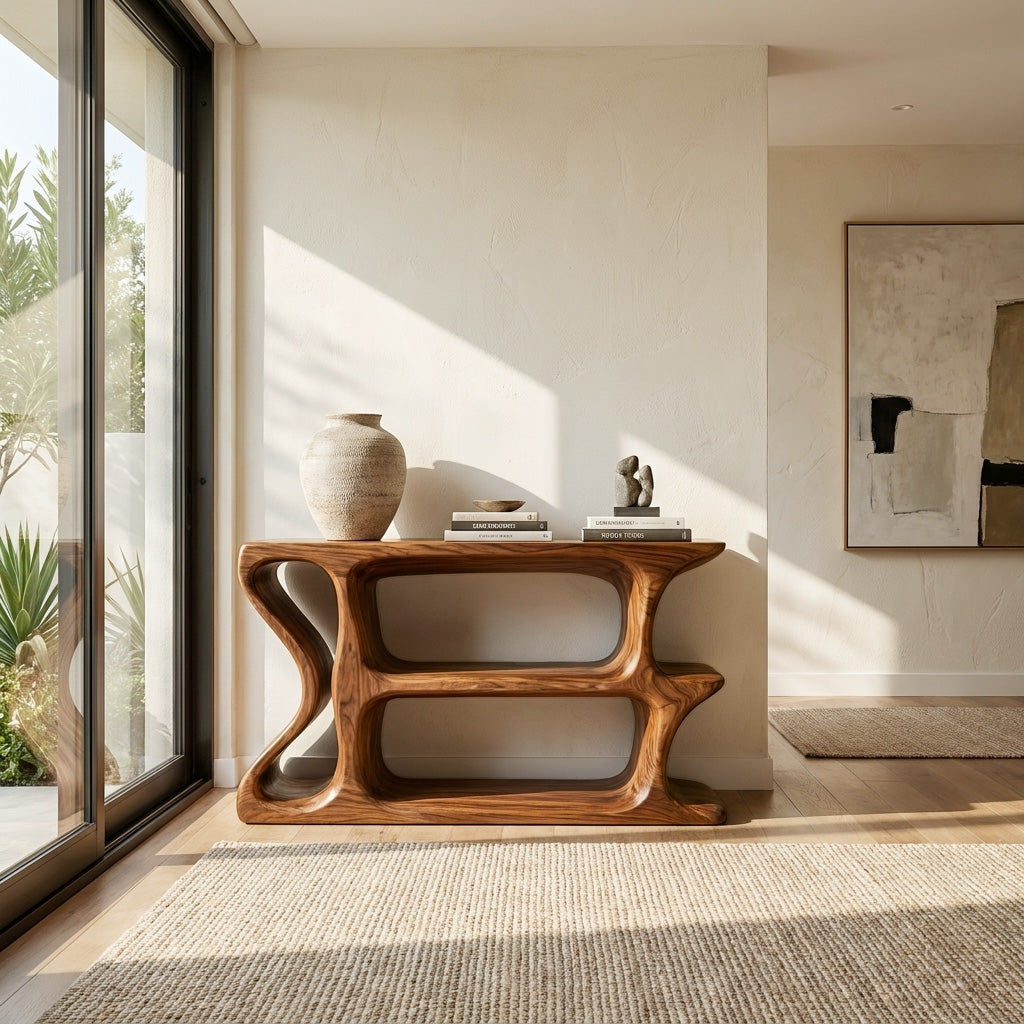 Organic Sculptural Wooden Console Table For Cozy Living Room