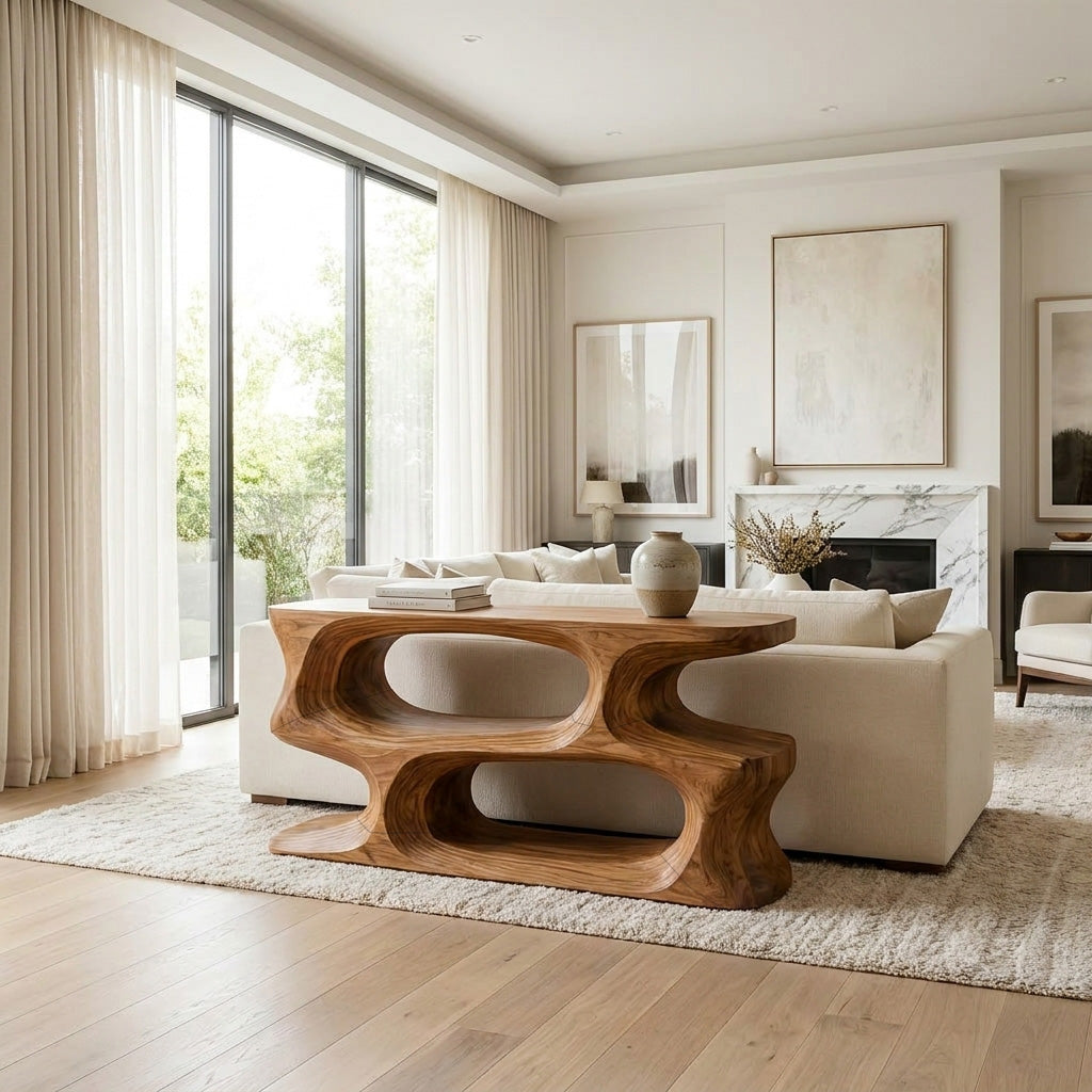 Minimal Sculptural Natural Wood Console Table For Living Room