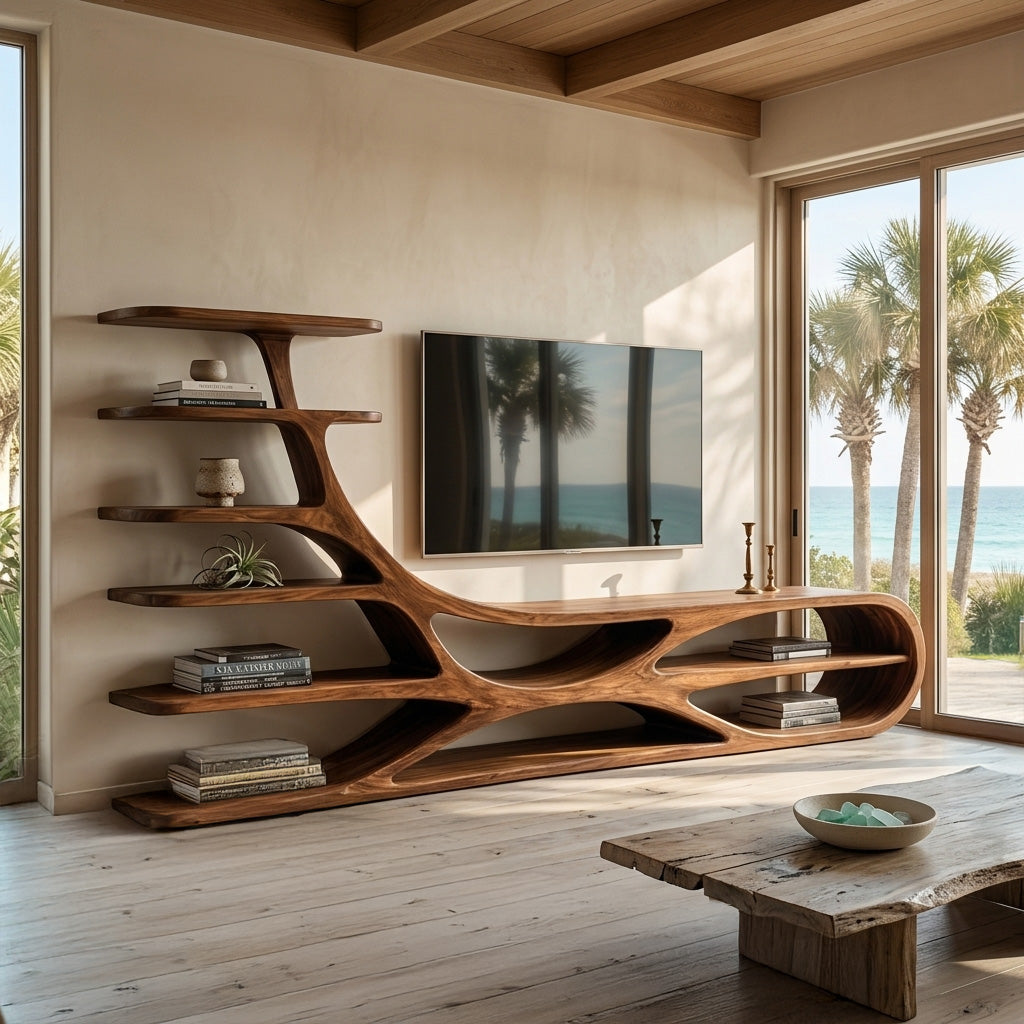 Organic Natural Wood TV Stand With Floating Shelves For Home