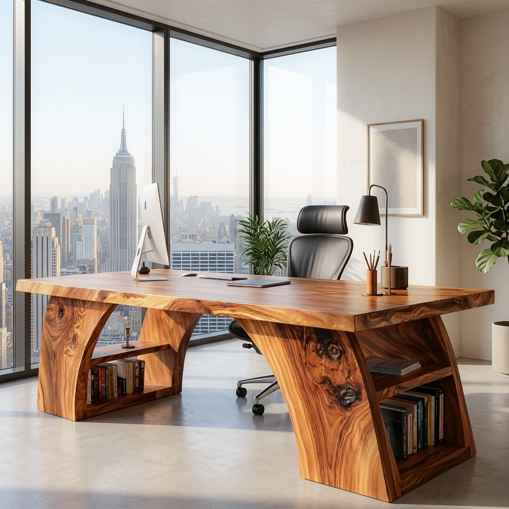 Contemporary Wooden Desk With Open Shelving For Home Office
