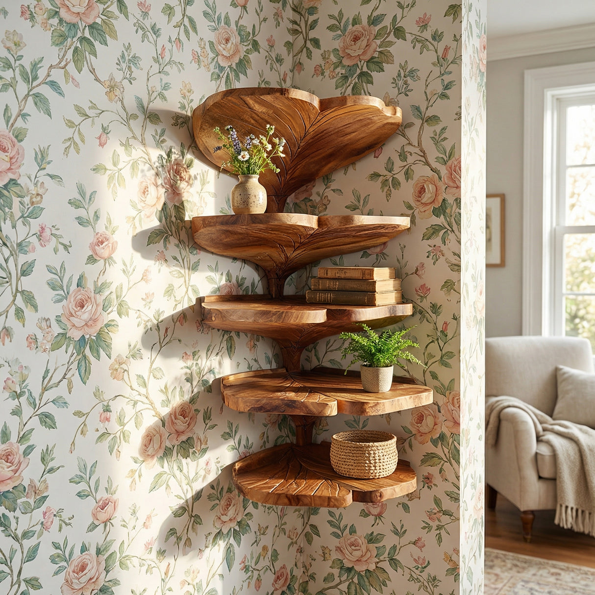 Mid Century Leaf Shape Corner Shelf Kitchen Wall Organizer