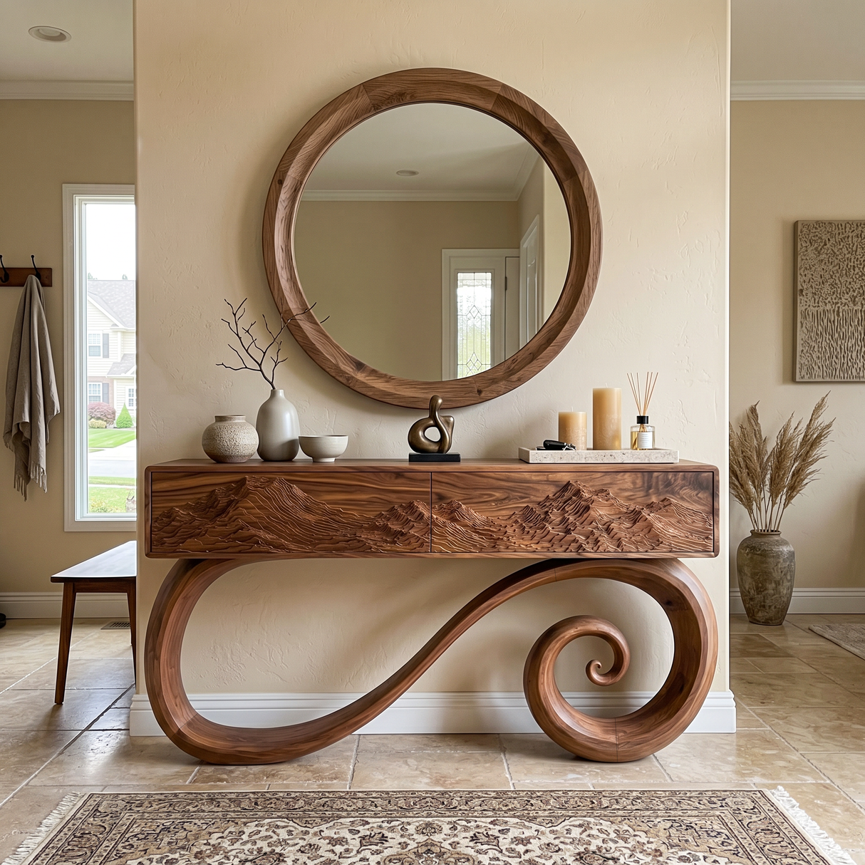 Sculptural Console Table With Spiral Base For Elegant Entryway