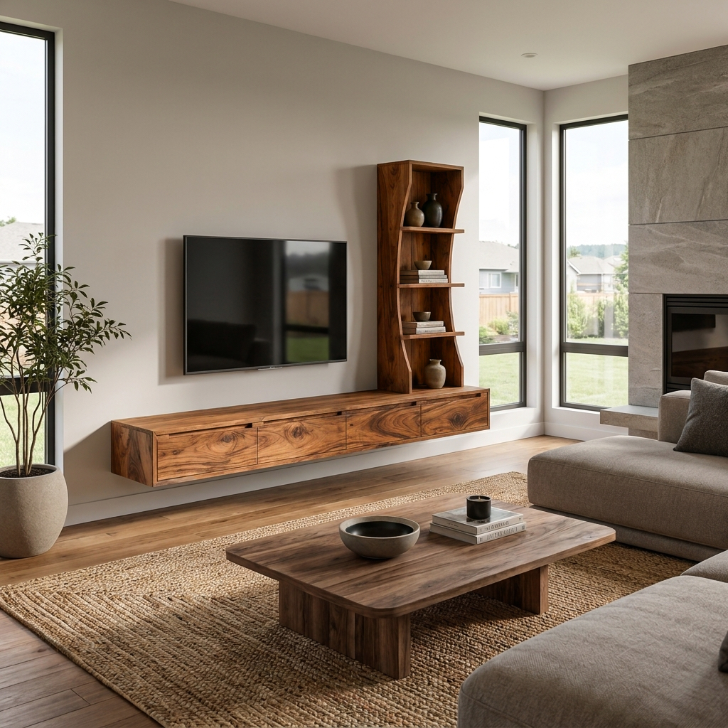 Wall Mounted Wood TV Console With Vertical Storage For Living