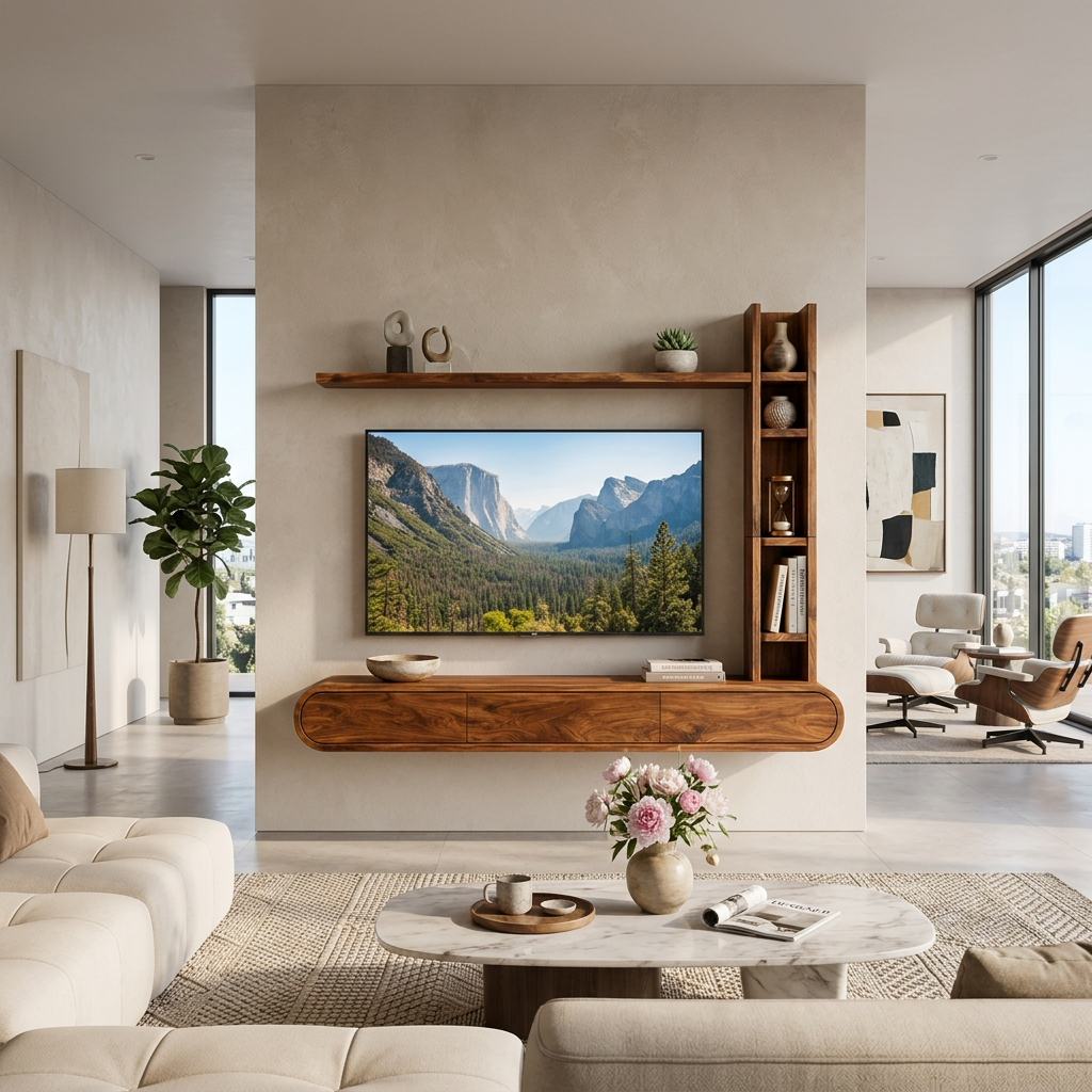 Wooden Floating TV Stand With Tall Open Shelf For Living