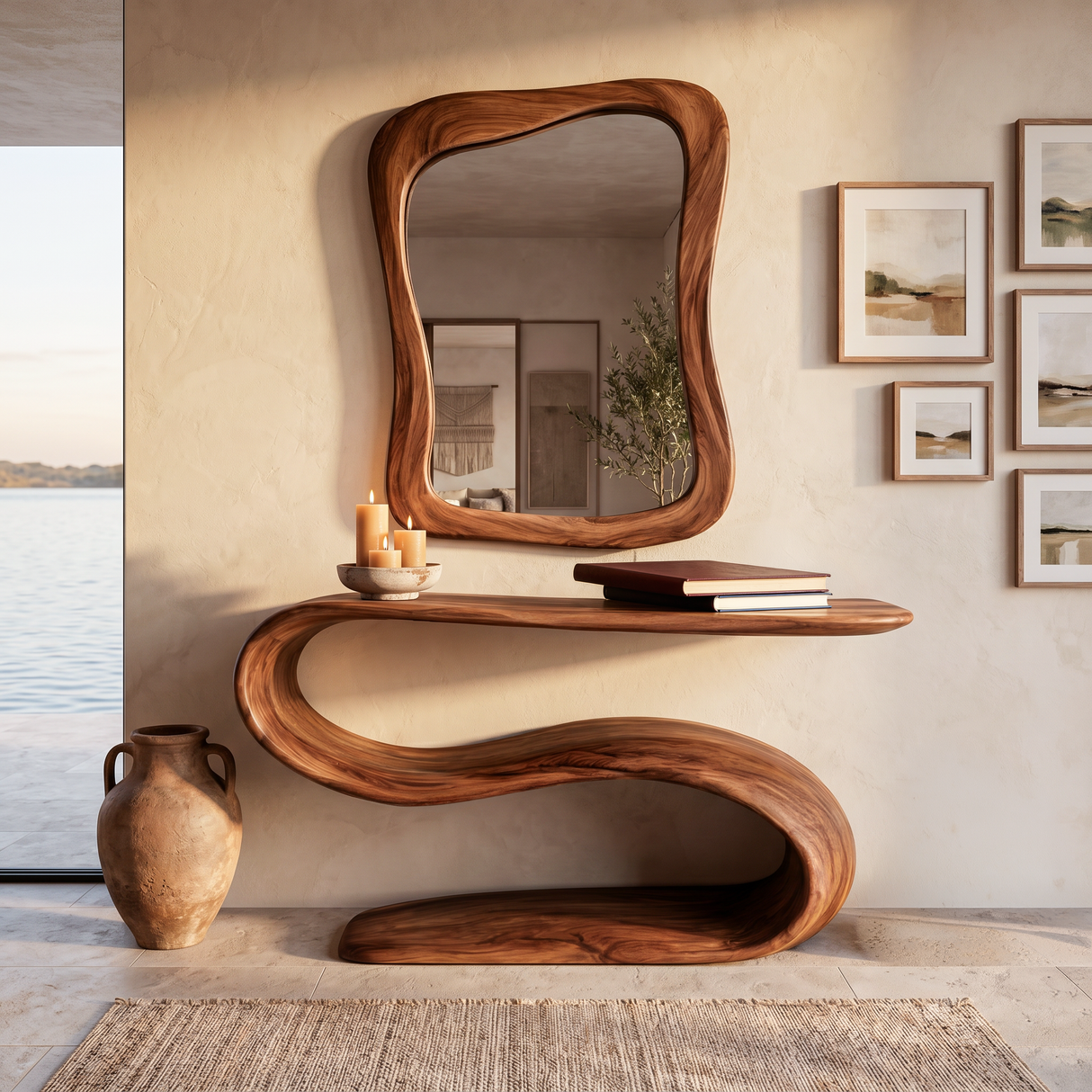 Organic Wooden Console Table With Sculptural Undulating Base For Living