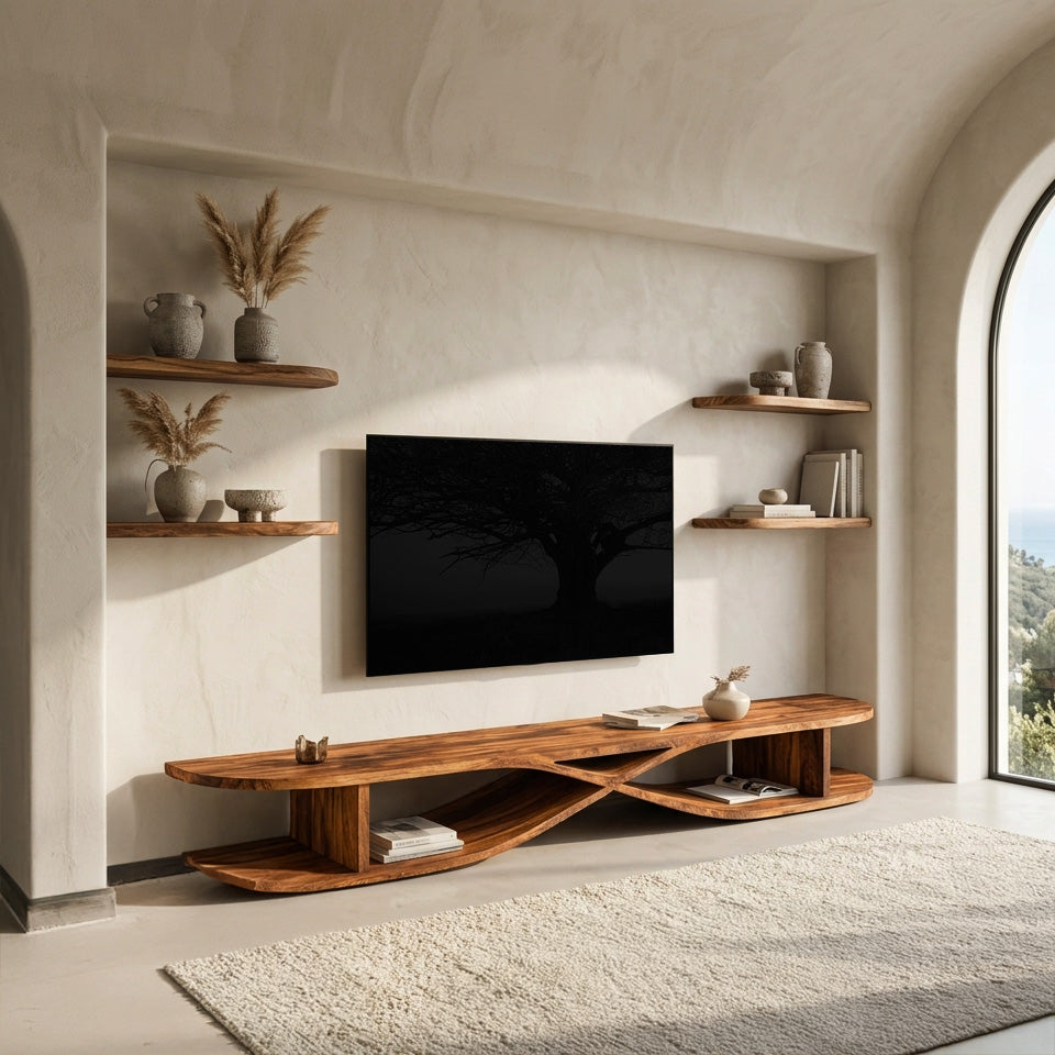 Modern Wooden Curved TV Stand For Living Room Media
