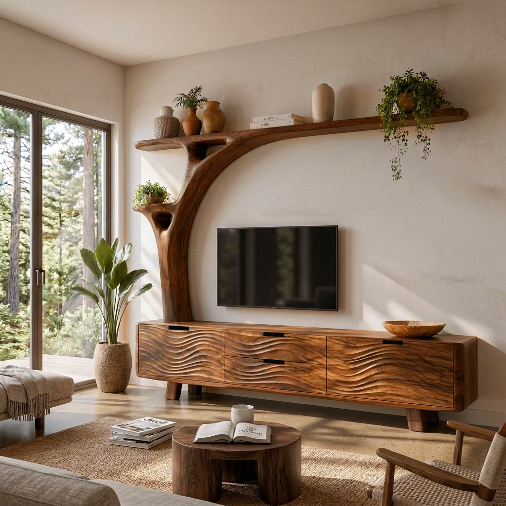 Contemporary Wood TV Cabinet With Curved Shelf For Living Storage