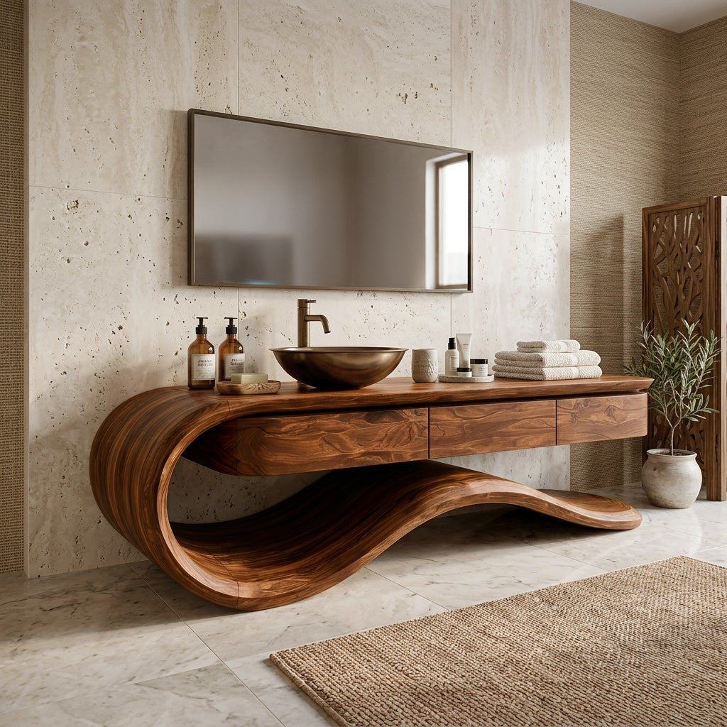 Contemporary Wooden Bathroom Vanity With Wave Base For Bathroom