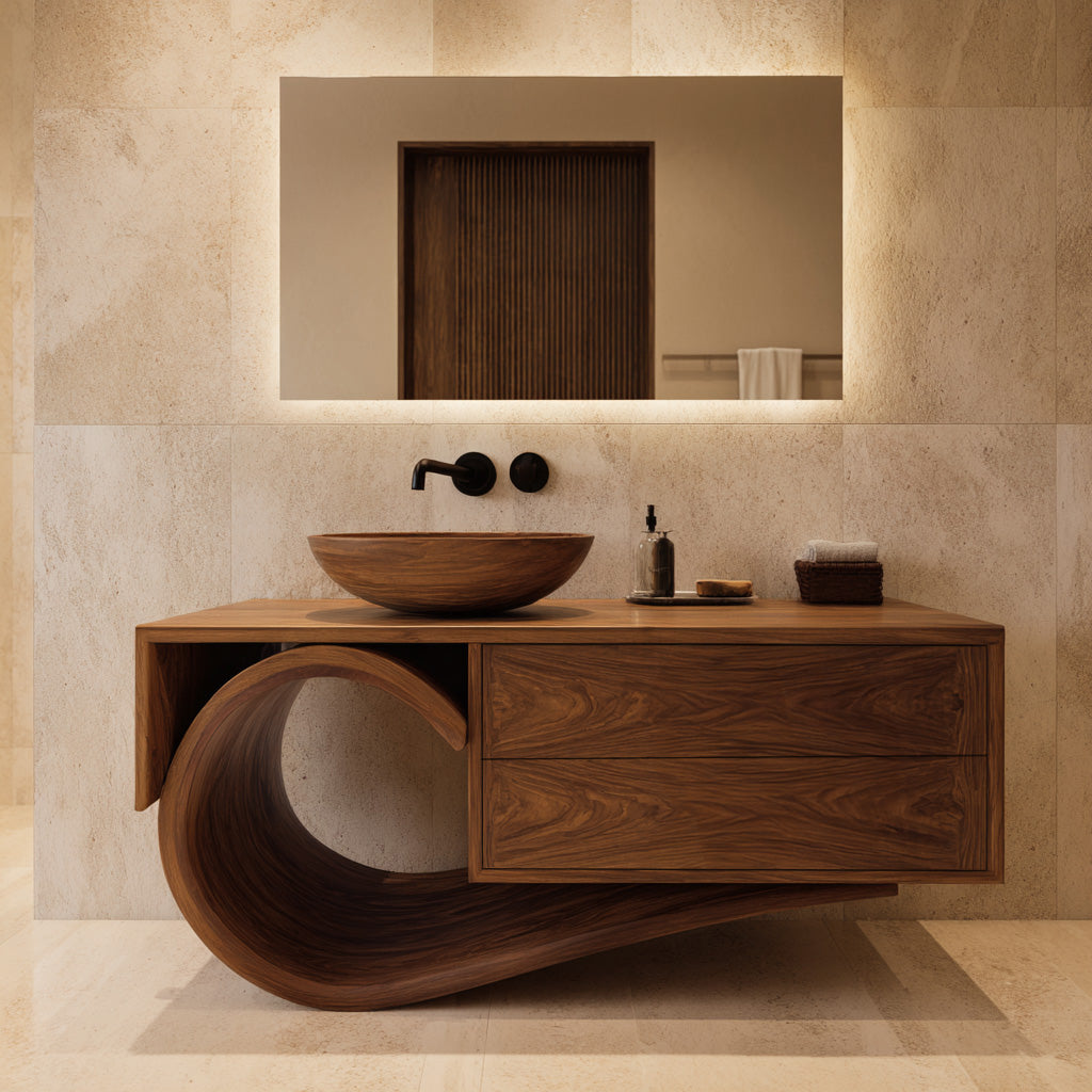 Modern Bathroom Vanity With Curved Loop Base For Bathroom Use