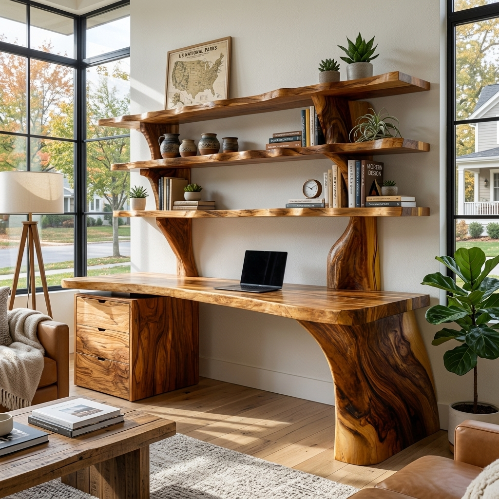 Organic Wood Desk With 3-Tier Integrated Bookshelf For Study Room
