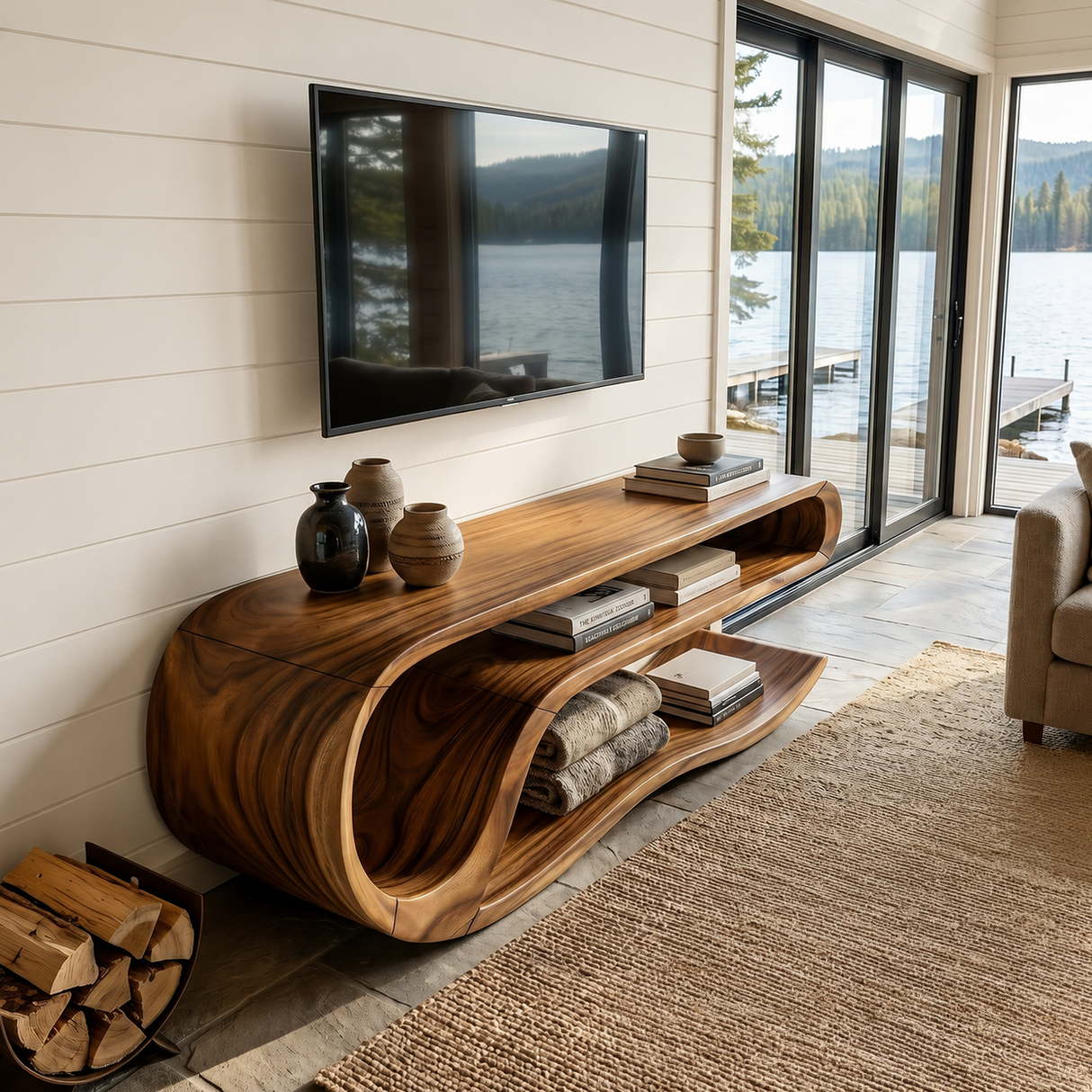 Organic Curved Media Console For Lake House Living Room