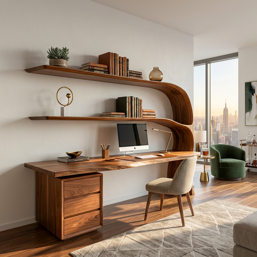 Organic Desk With Curved Shelf And Drawer For Study Room