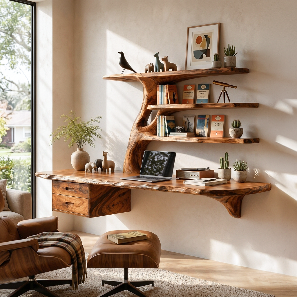 Wood Floating Desk With Multi Level Organic Shelves For Office