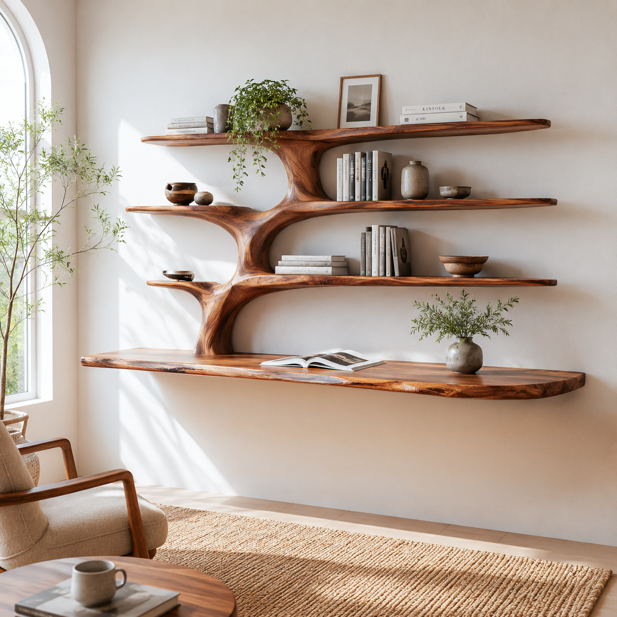 Wooden Wall Mounted Desk With Multi Shelves For Study Room