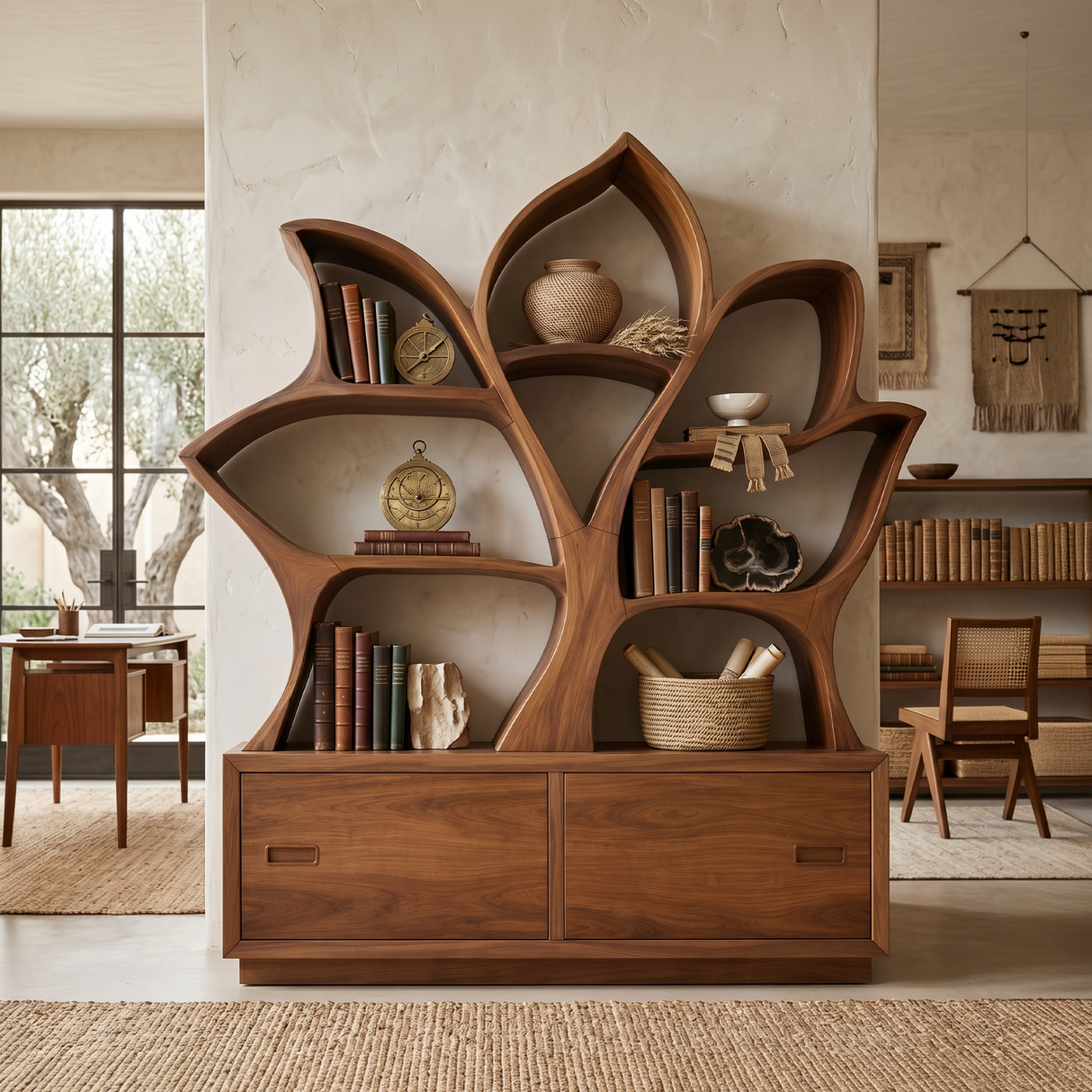 Mid Century Library Bookshelf For Contemporary Living Room