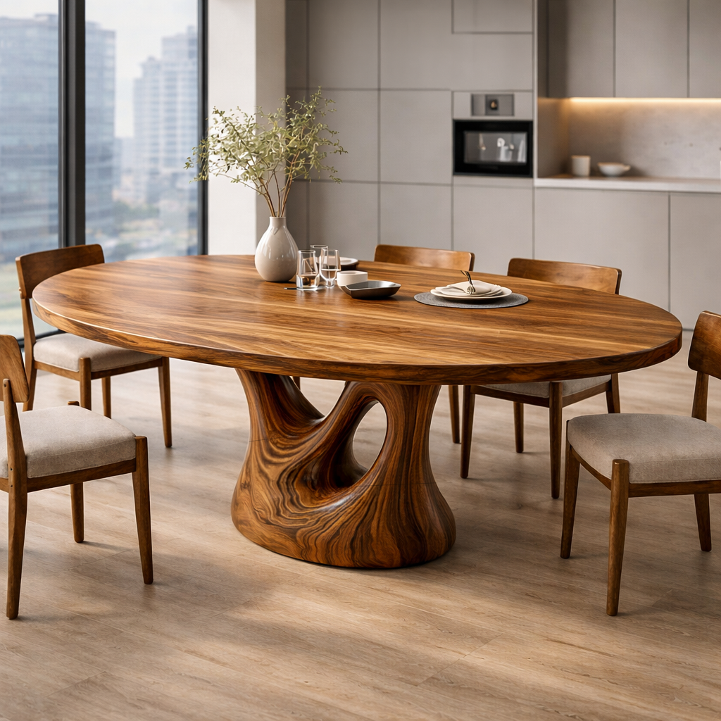 Farmhouse Wooden Dining Table With Sculptural Base For Dining Room
