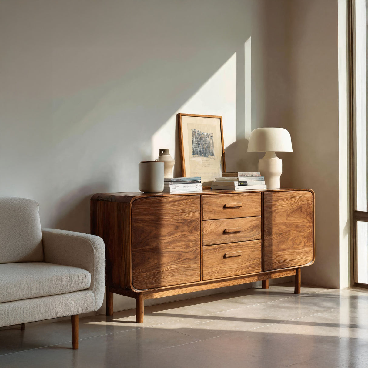 Modern Organic Sideboard With Center Drawers For Living Room