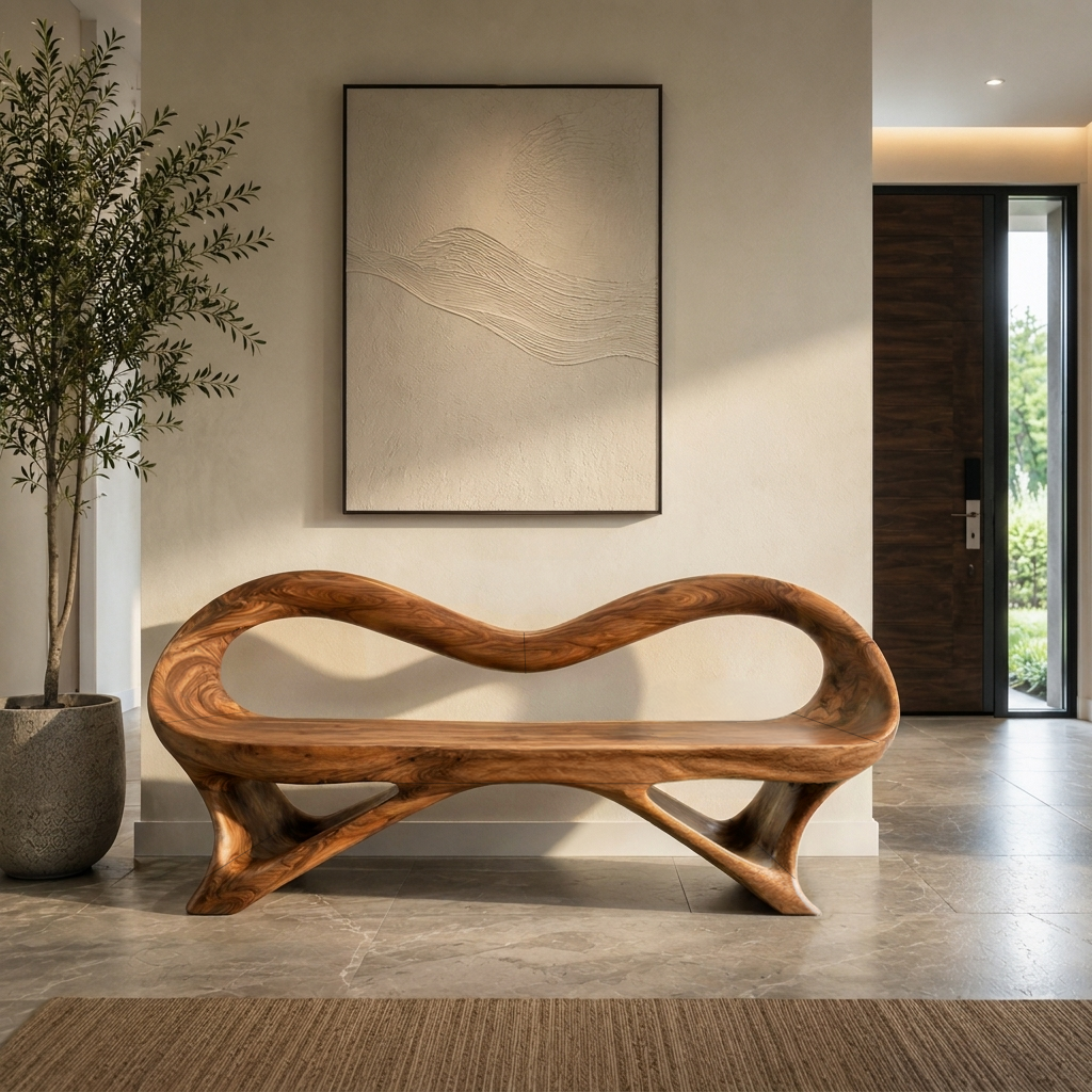 Fluid Wooden Bench With Artistic Open Frame For Hallway