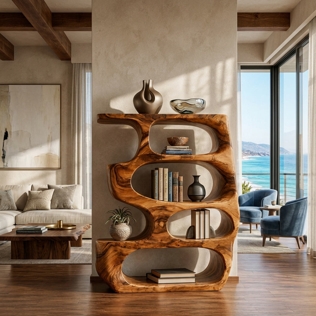 Organic Curved Wooden Bookshelf For Books Decor And Home Organization