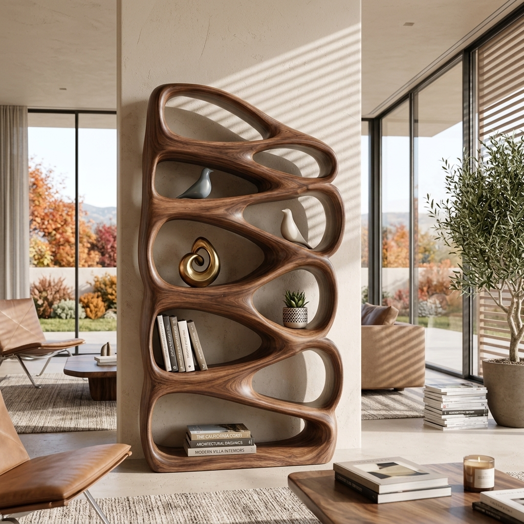 Modern Wooden Bookshelf Inspired By Organic Architecture For Living Room