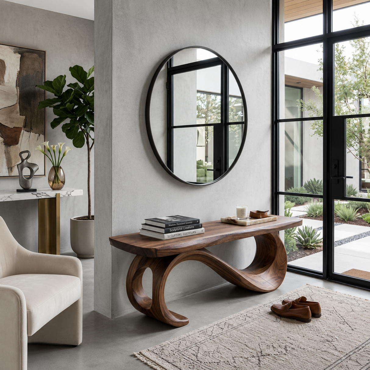 Rustic Wooden Bench With Sculptural Base For Entryway