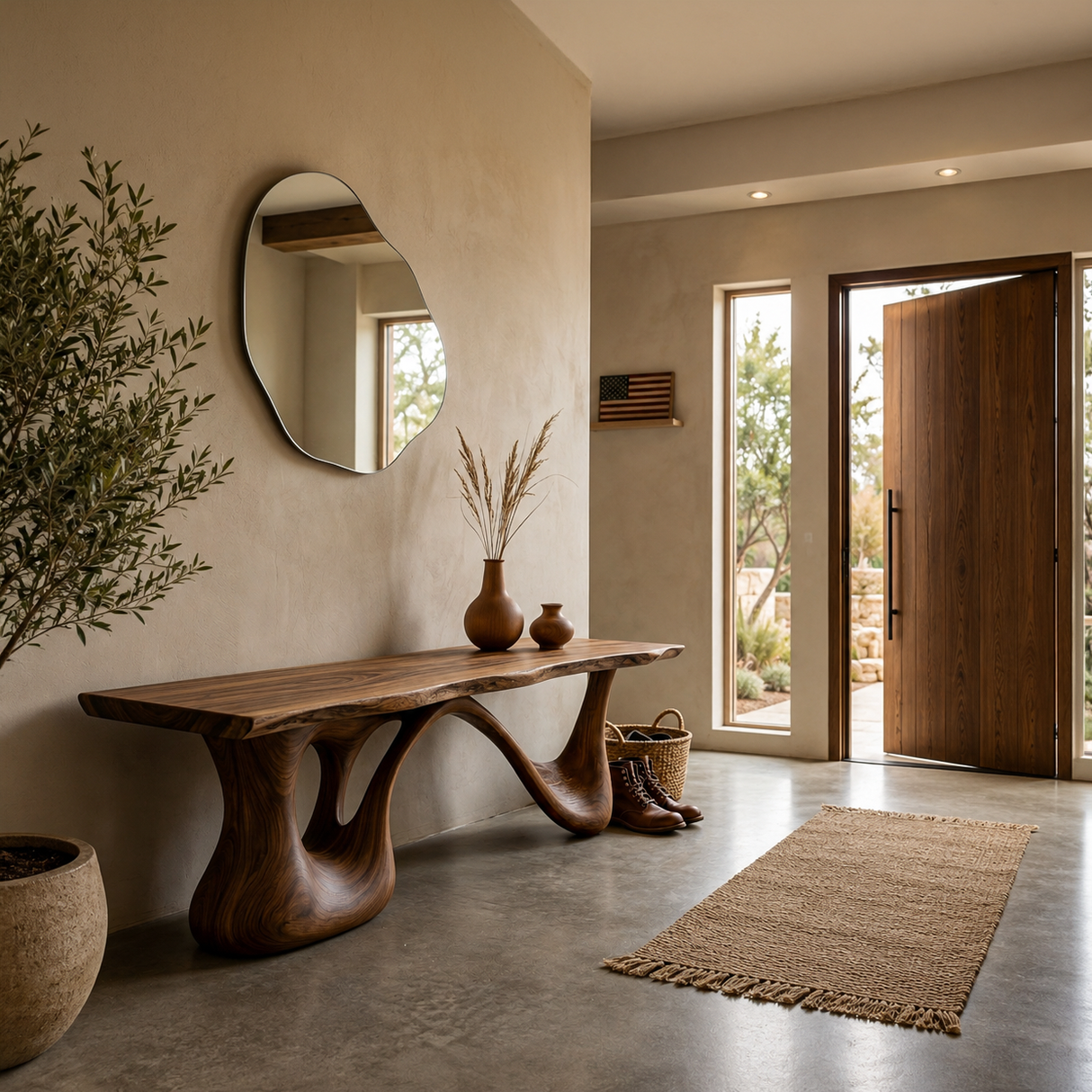 Organic Wooden Bench With Undulating Sculptural Base For Home Furniture