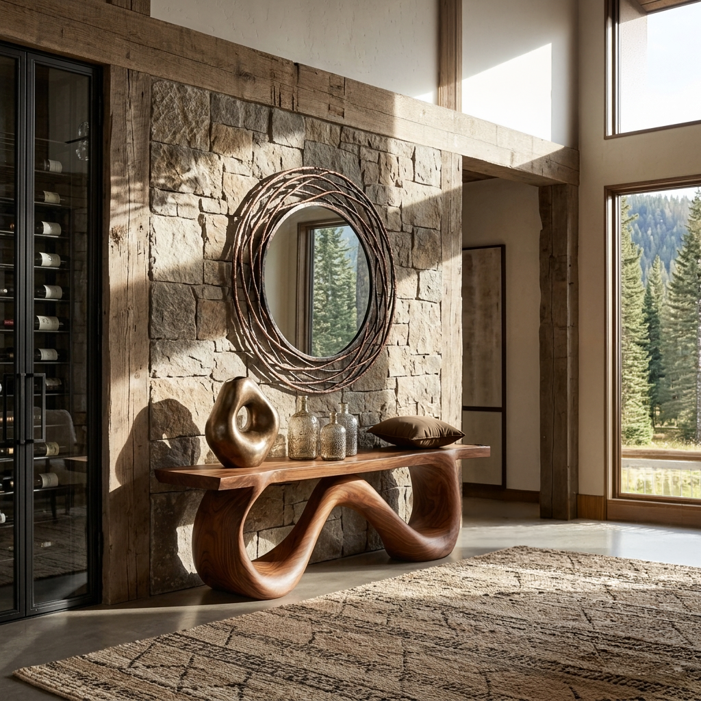 Organic Wooden Bench With Flowing Ribbon Base For Entryway