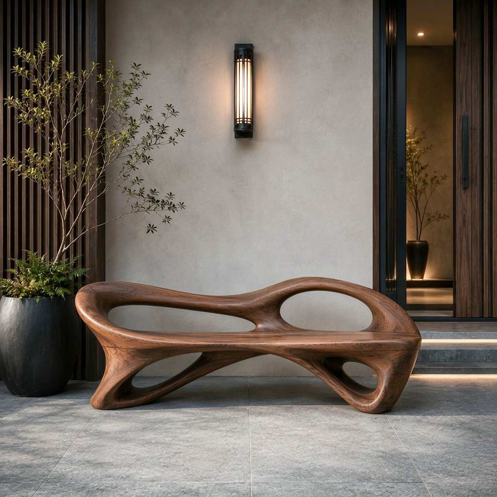 Organic Bench With Flowing Sculpture Form For Hallway