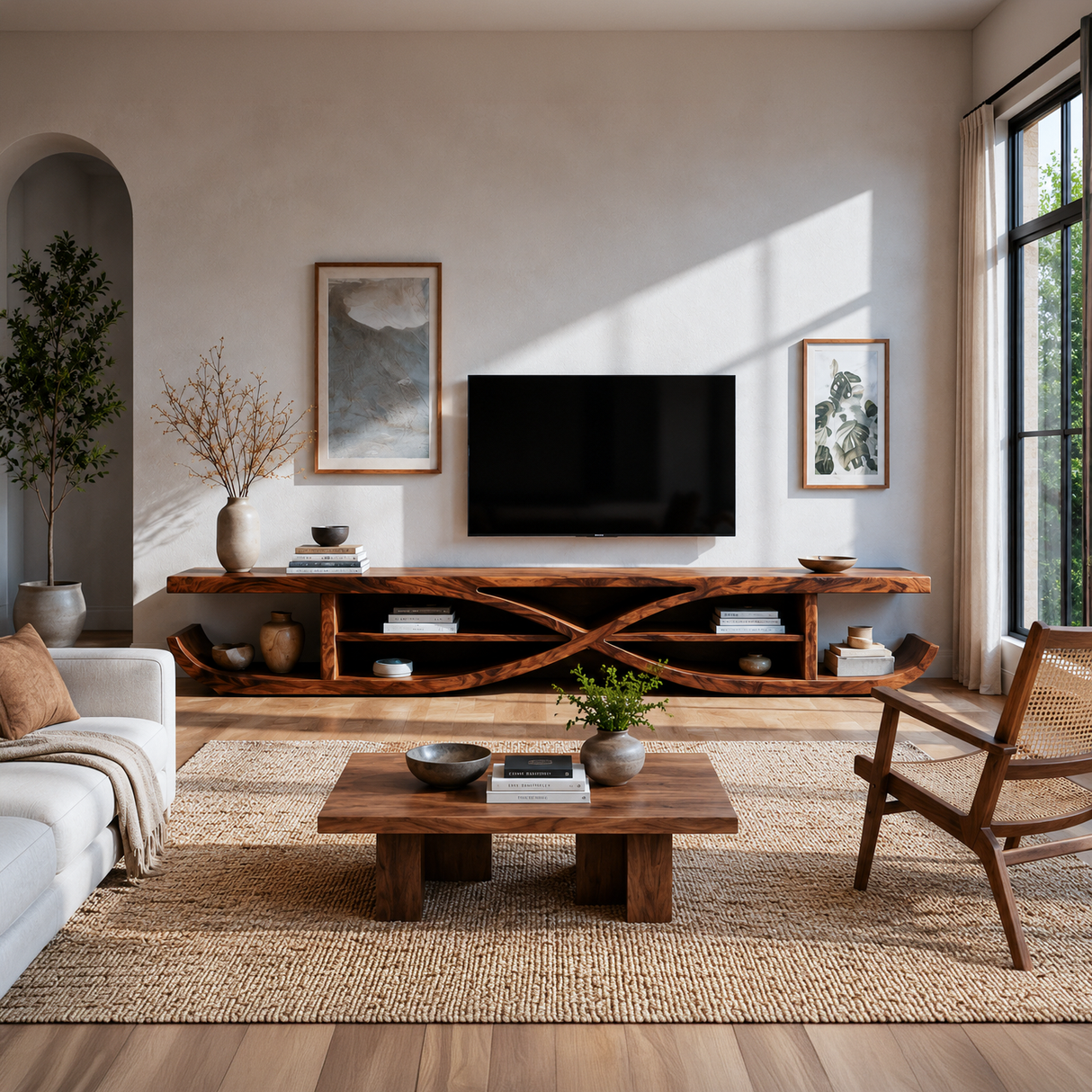 Wooden TV Stand X-shaped Frame Design For Living Room