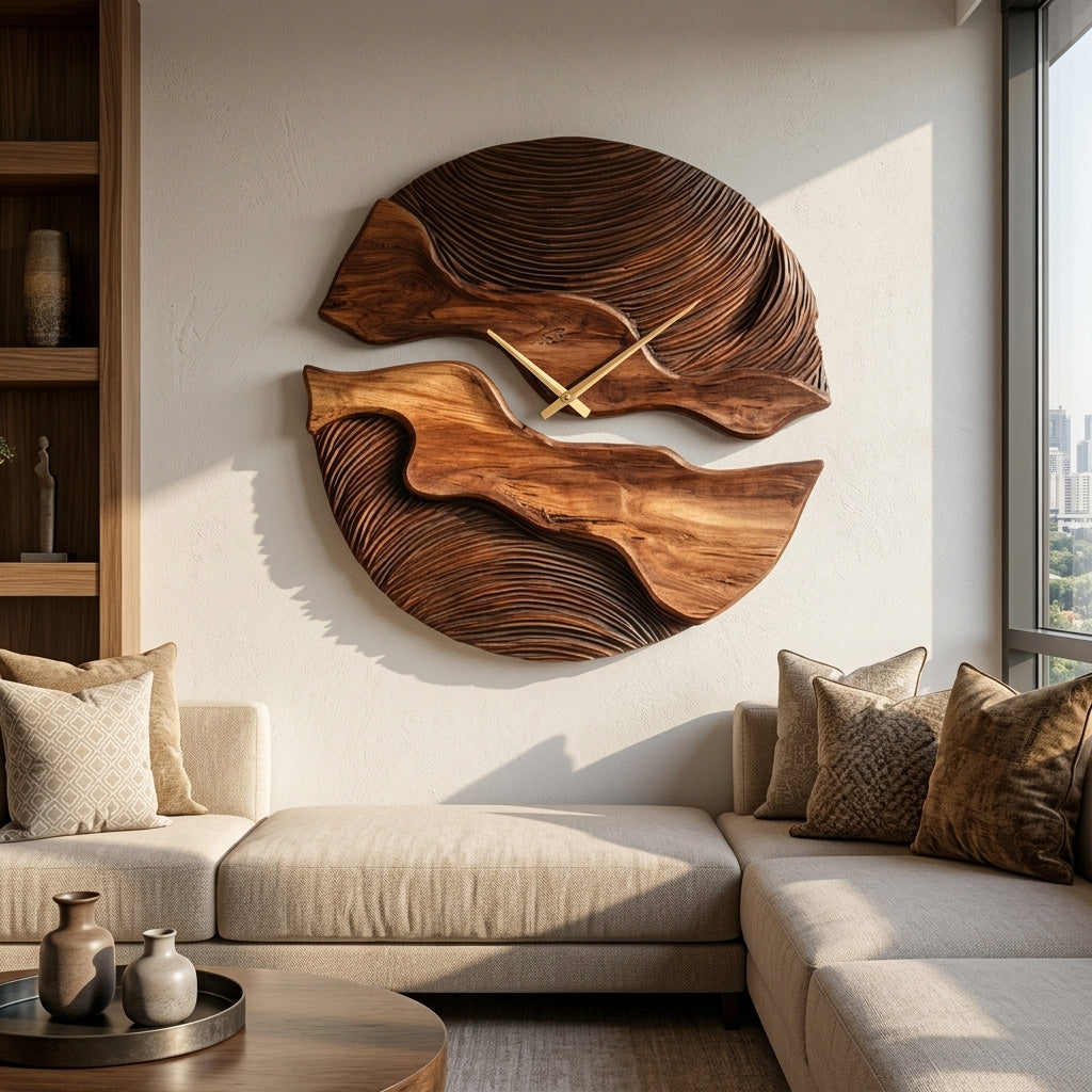 Organic Wooden Wall Clock With Unique Form For Living Room