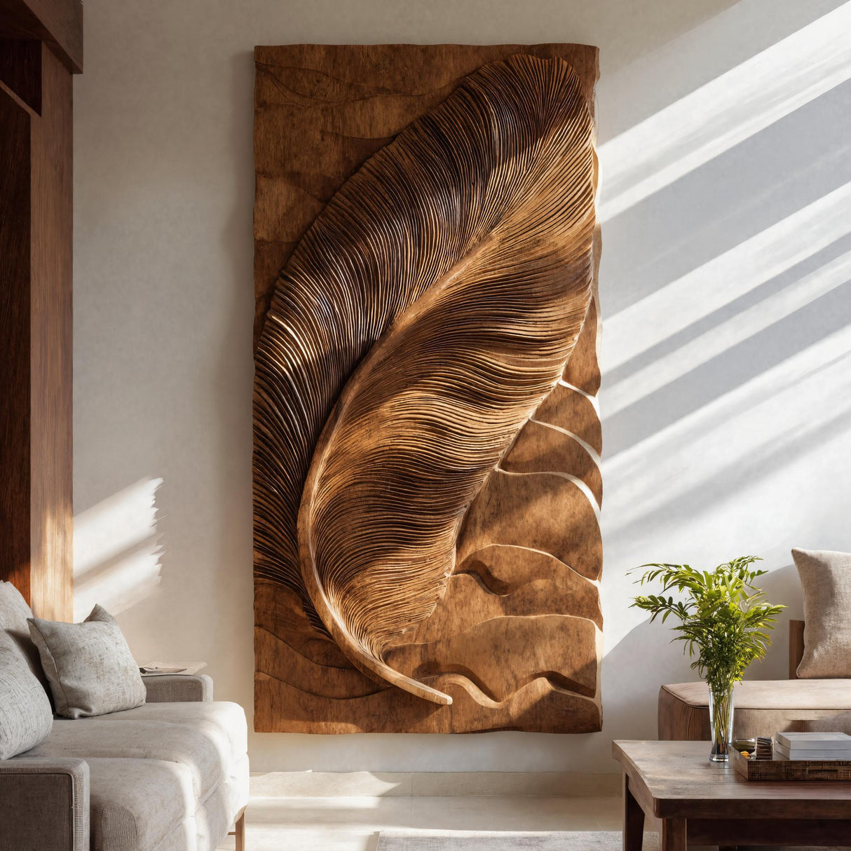 Hand Carved Feather Wall Art For Contemporary Living Room