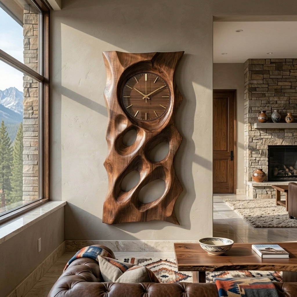 Organic Wooden Wall Clock With Hollow Form For Living Room