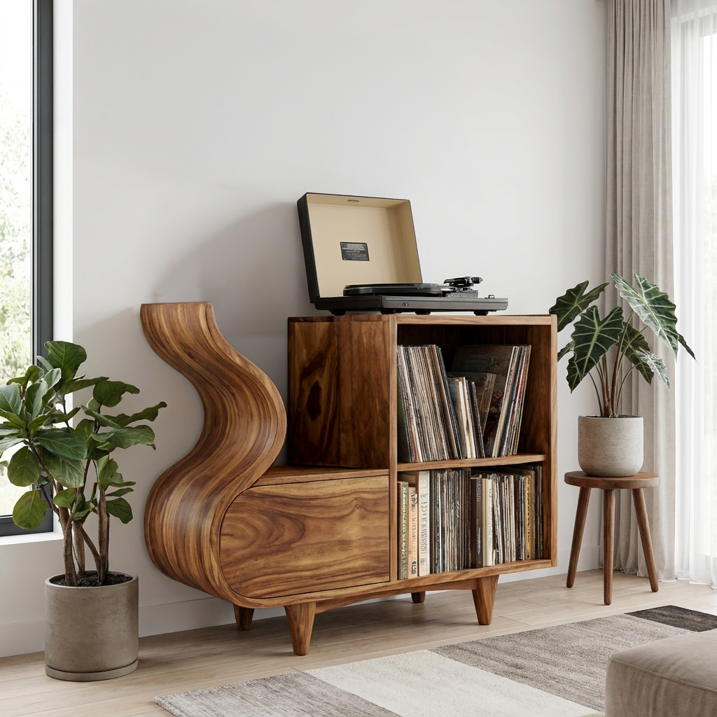 Rustic Wooden Vinyl Record Cabinet Carved Flowing Design For Living