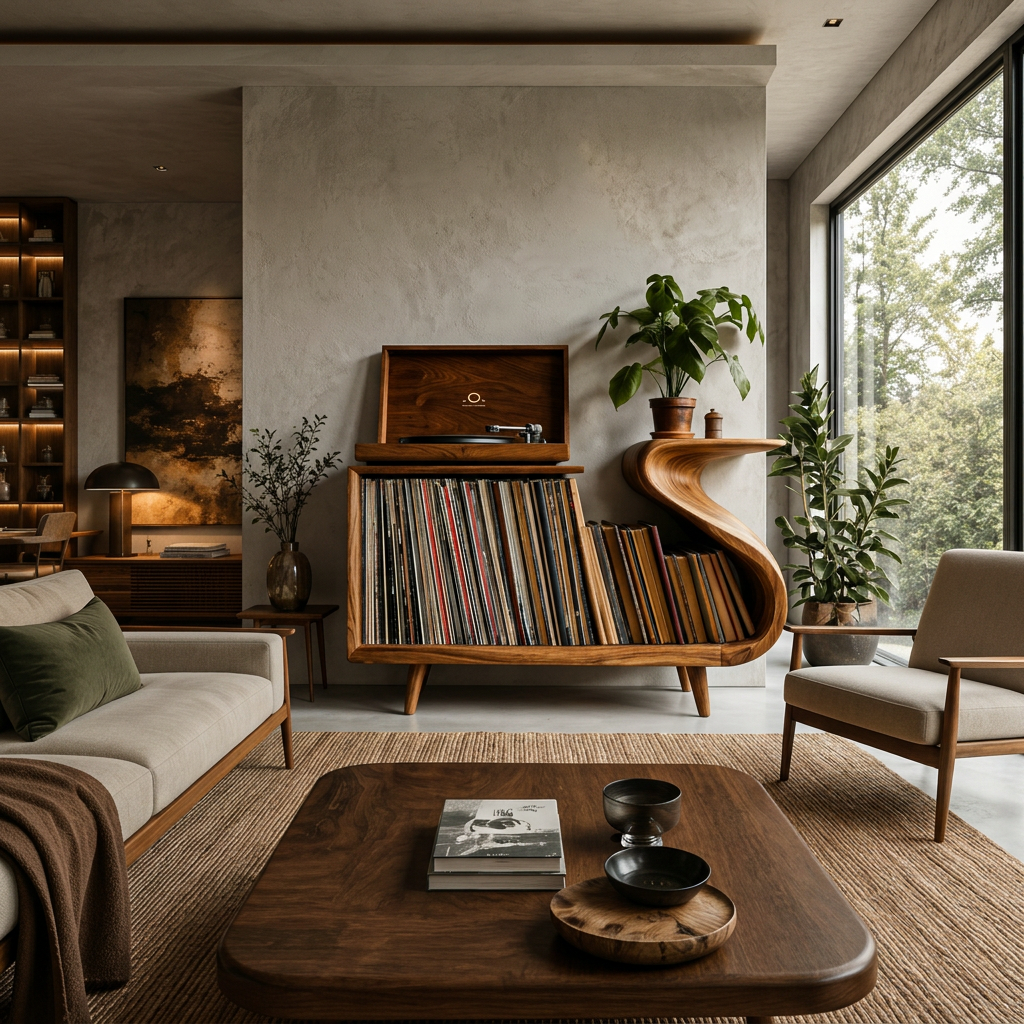 Elegant Record Player Stand With Sculptural Flowing Form For Living