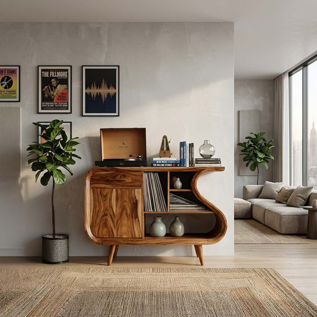 Modern Record Player Stand With S-shaped Side For Living Room