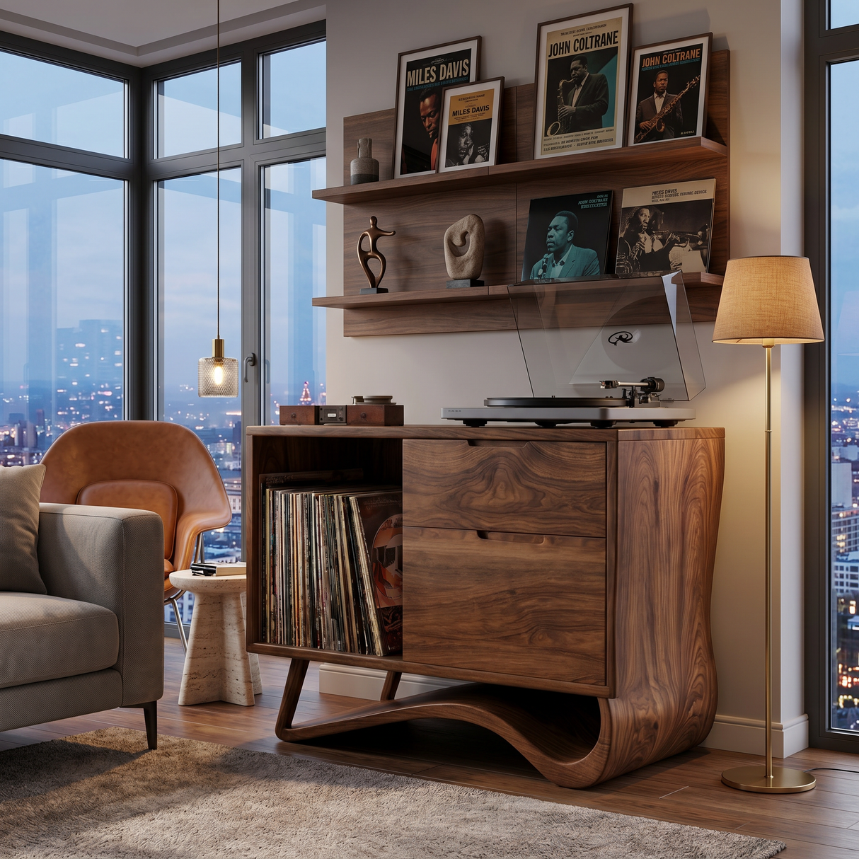Contemporary Wooden Record Player Stand With Curved Base For Home