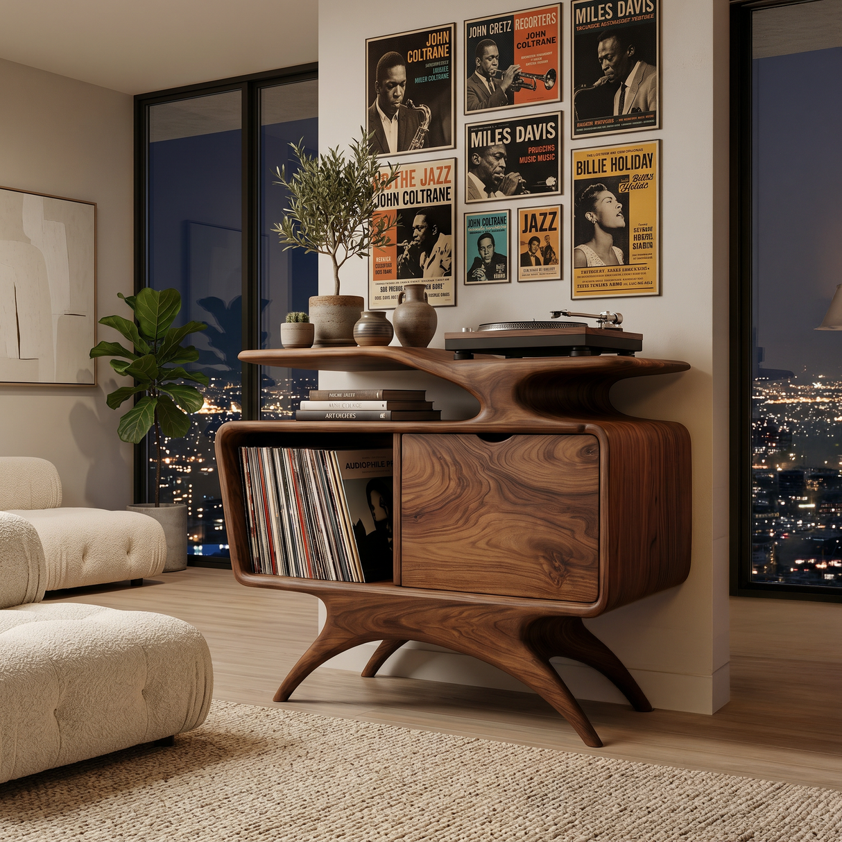 Handcrafted Wooden Record Cabinet With Shelving For Living Room