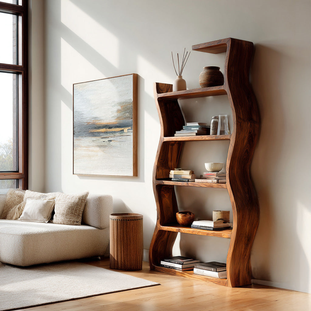 Contemporary Wooden Wavy Bookshelf With Multi Display Tiers For Living