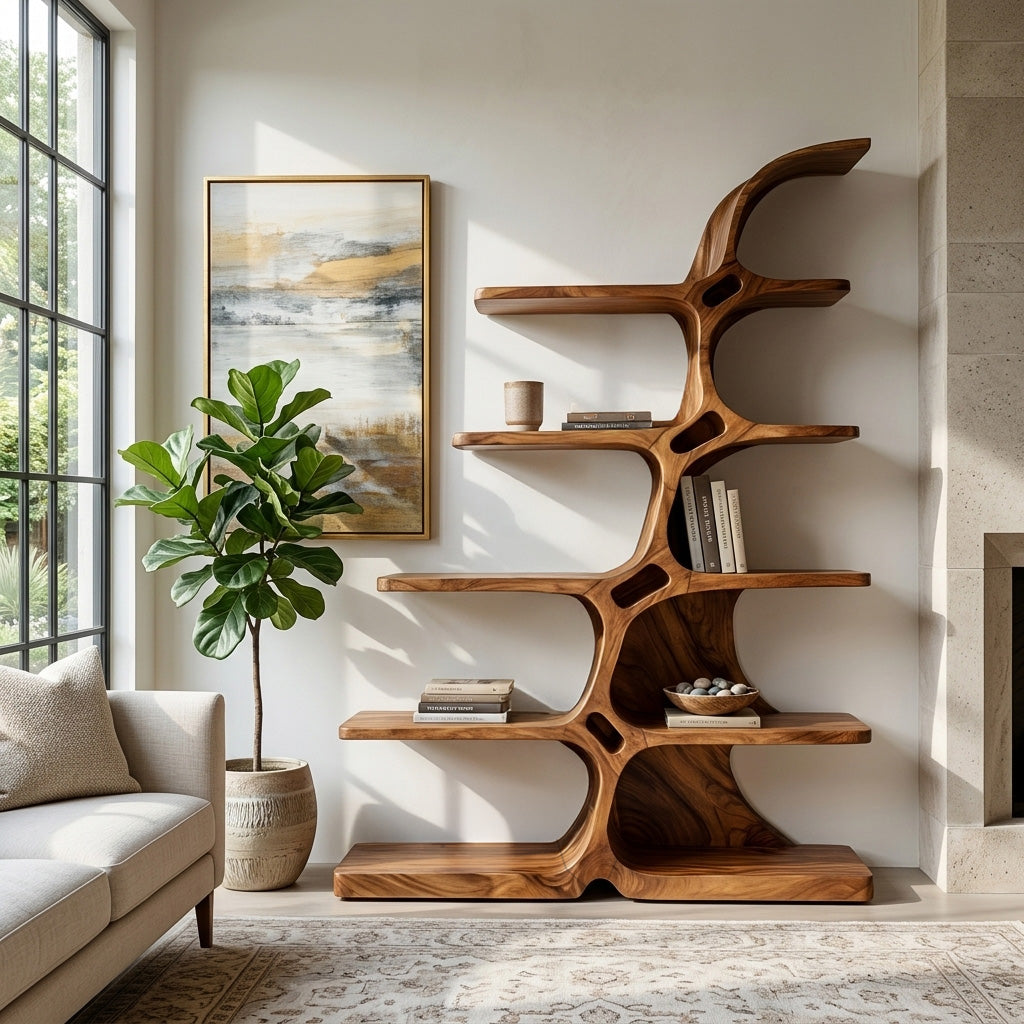 Japandi Carved Sculptural Bookshelf For Living Room