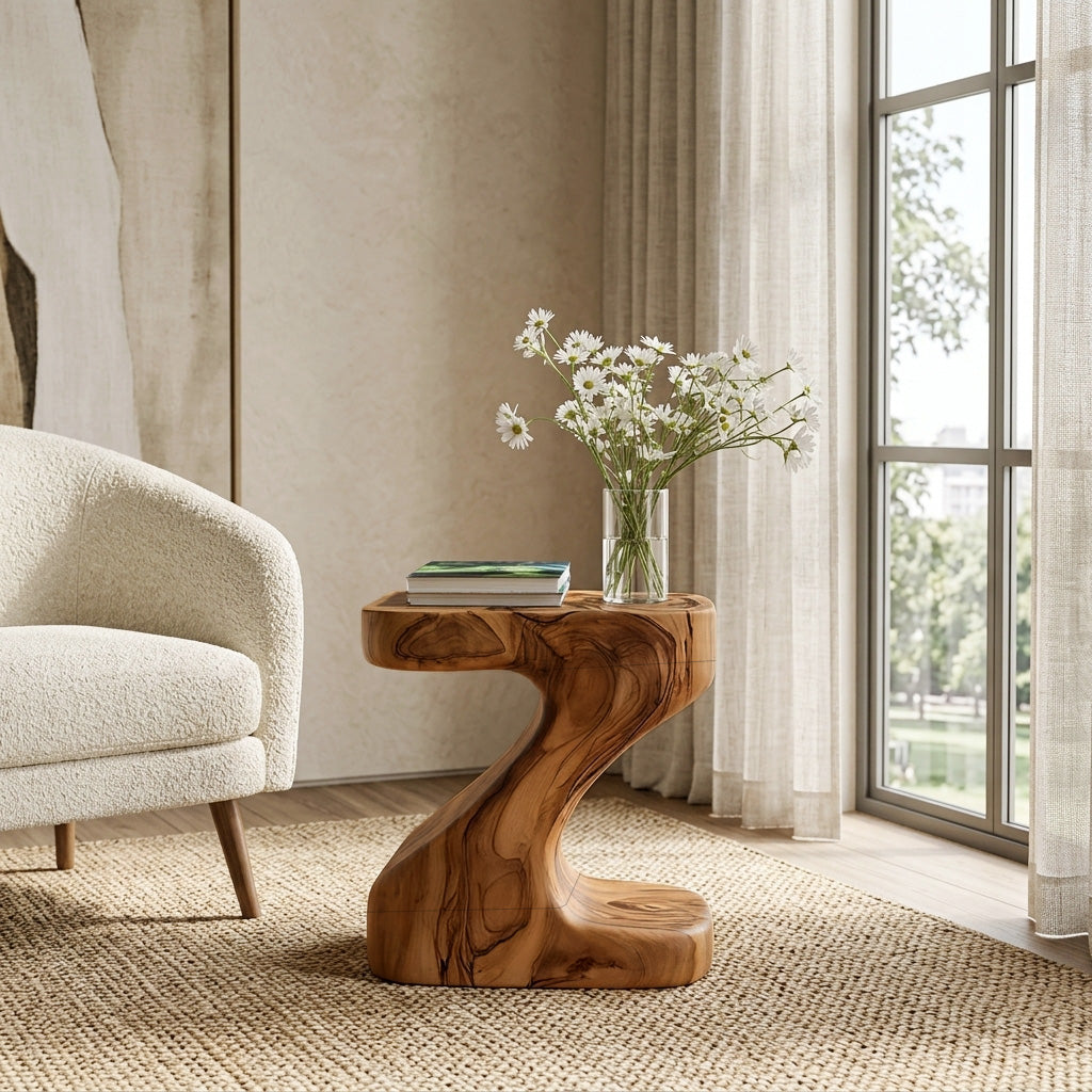 Organic Wooden Z-Shaped Side Table For Home Living