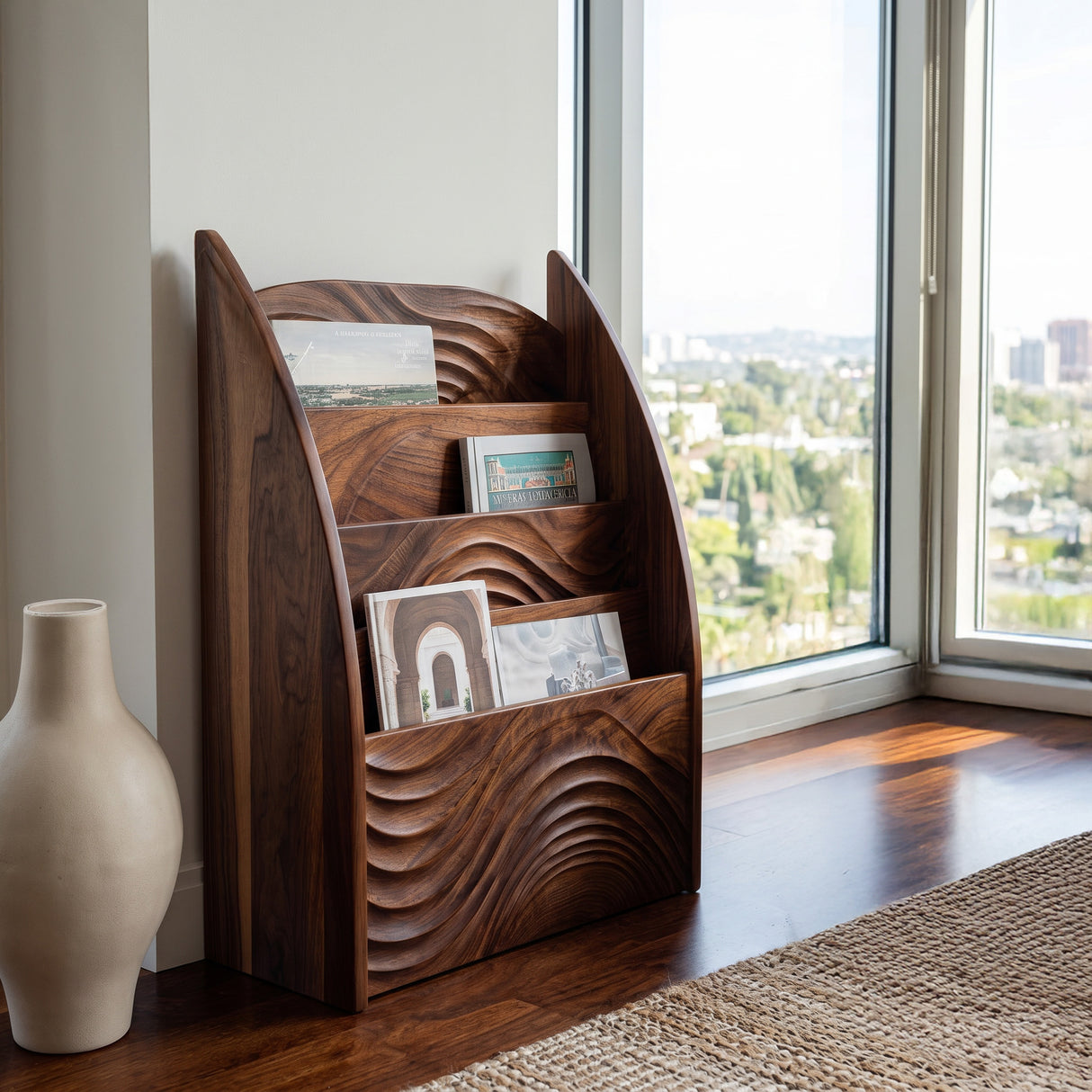 Contemporary Wooden Wave Carved Magazine Rack For Living Room