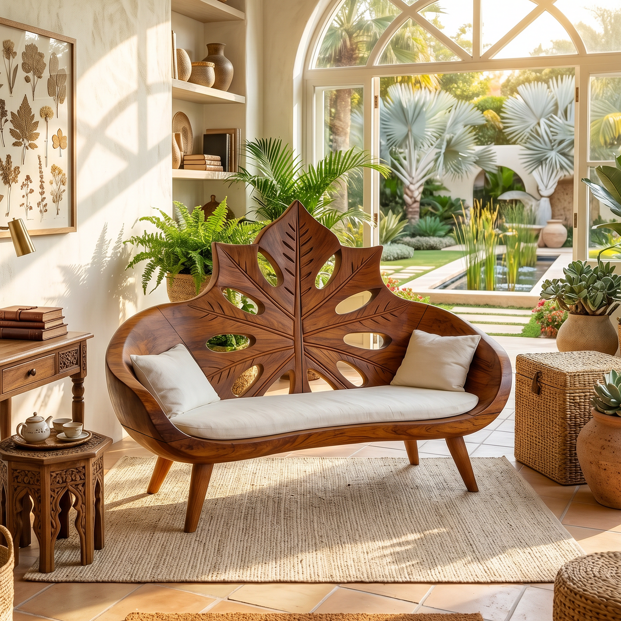 Contemporary Sunburst Leaf Back Bench For Lounge Interior Space