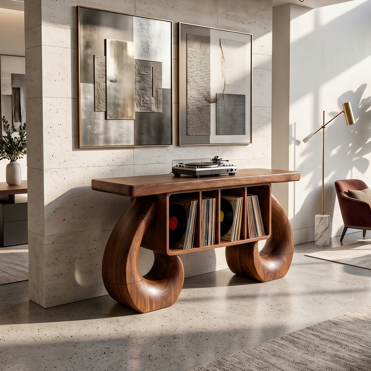 Sculptural Loop Record Player Console Contemporary Interior