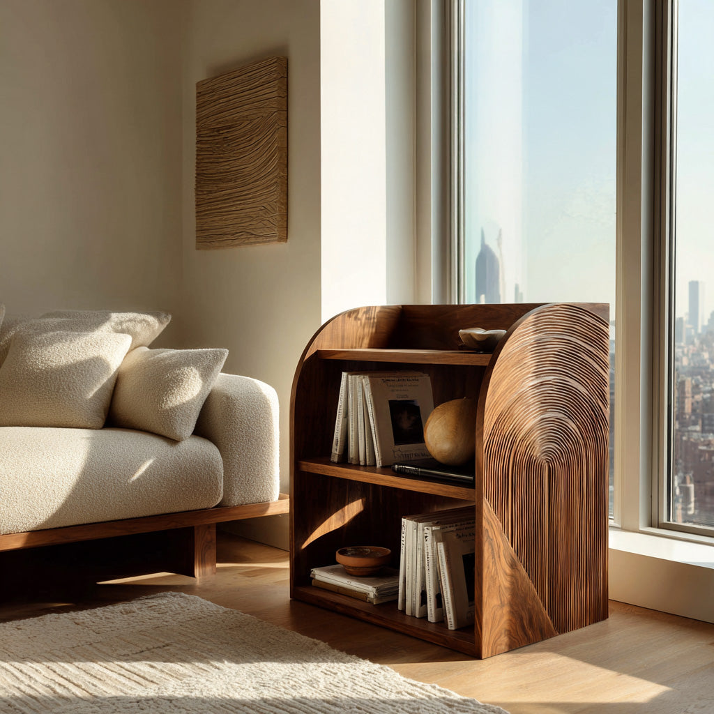 Contemporary Wood Magazine Rack With Carved Edges For Reading Corner
