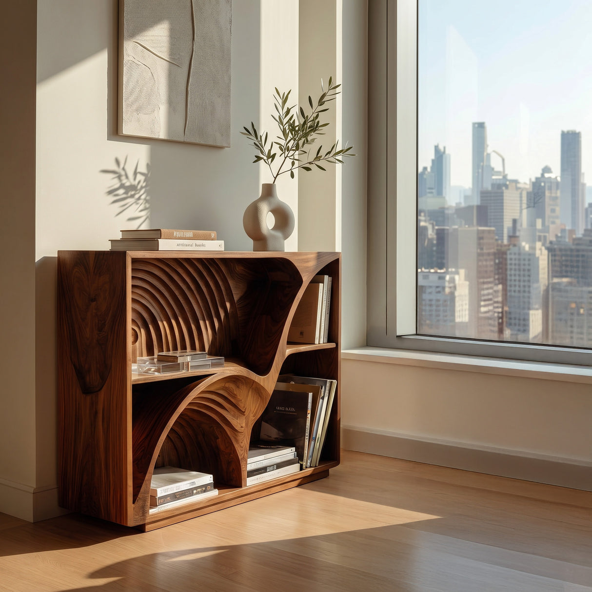 Modern Wooden Magazine Rack With Carved Compartments For Living Room
