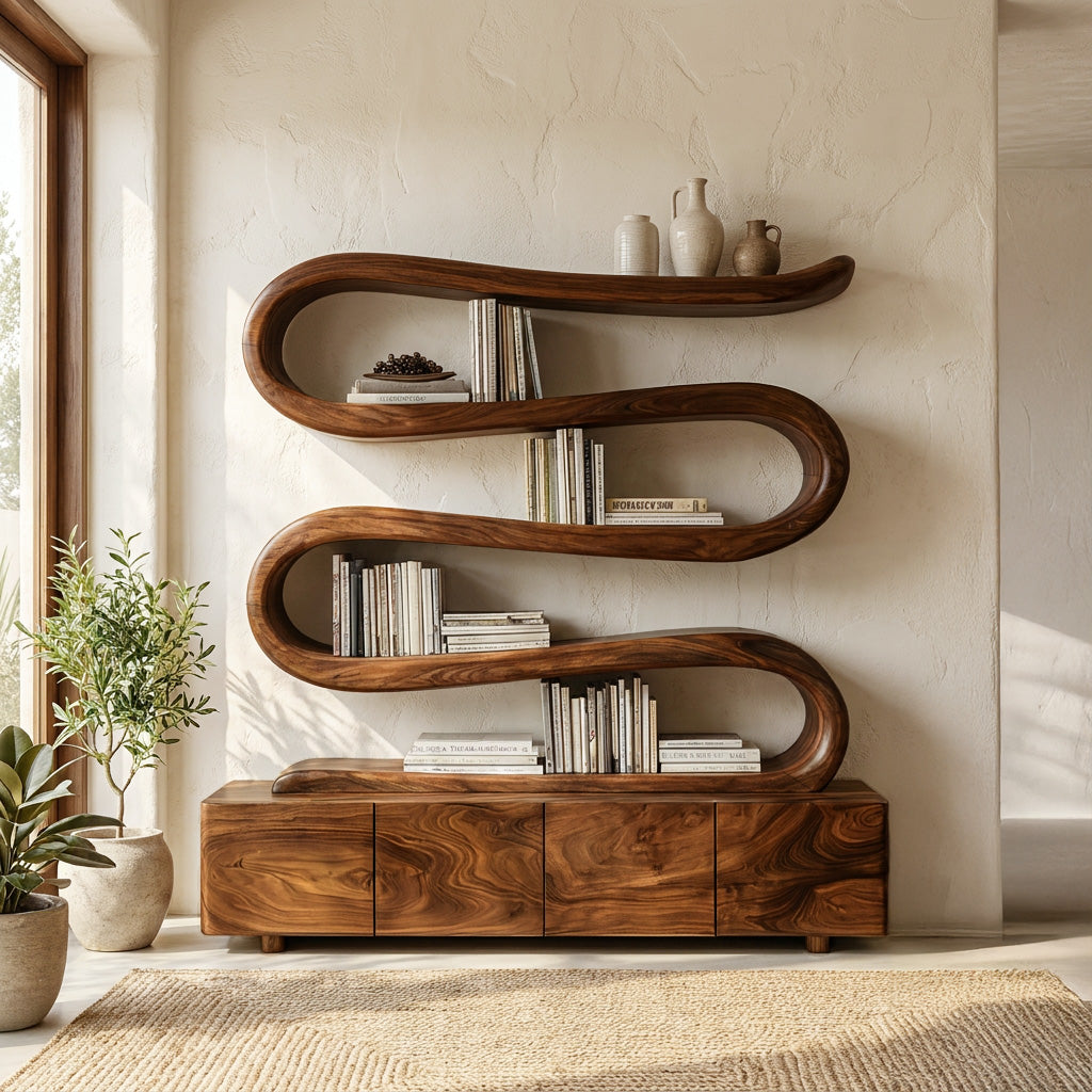 Modern Abstract Bookshelf With Undulating Shelf For Living Room
