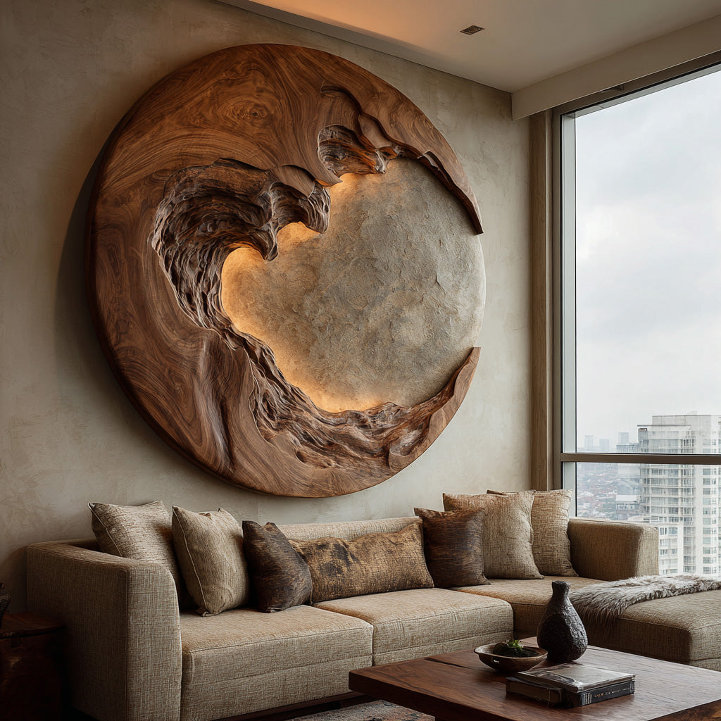 Organic Modern Round Wood Wall Art For Living Room